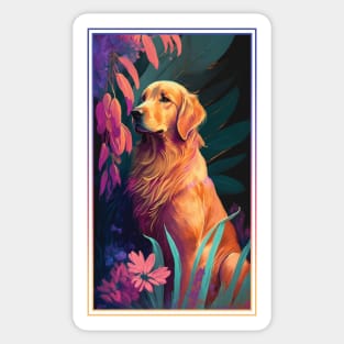 Golden Retriever Dog Vibrant Tropical Flower Tall Digital Oil Painting Portrait 2 Sticker